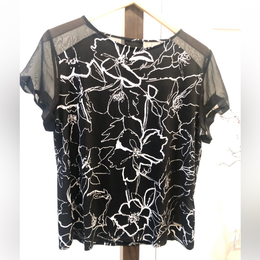2 for $22 ~ Calvin KLIEN  Black Top with White Floral Sketch